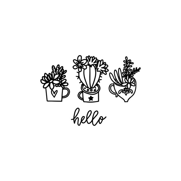 Succulent sketch print. Cute hand drawn illustration with cacti and lettering isolated on white - Vector, afbeelding