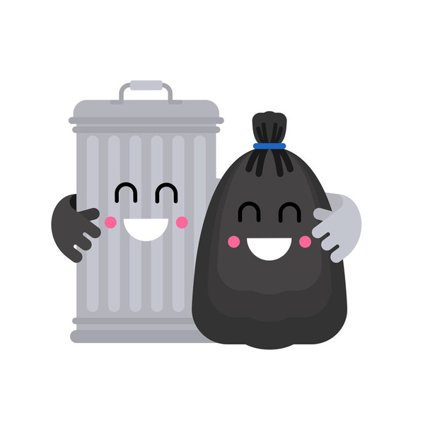 Mülleimer und Müllsackfreunde. Mülleimer und schwarzer Sack - Vektor, Bild
