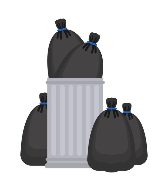 Trashcan and garbage bag. Trash can and black sack. rubbish bin  - Vector, Image