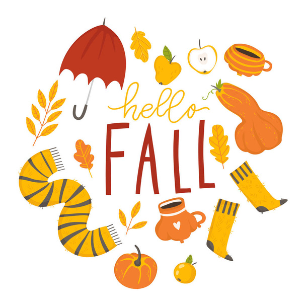 Autumn card template with bright and cozy fall elements. Can be use like poster, card, label, banner design. Bright cartoon fall background.  - Vektor, obrázek