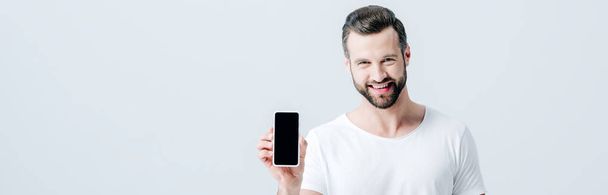 panoráma szemcsésedik-ból mosolygó ember bemutatás Smartphone-val üres képernyő elszigetelt-ra szürke - Fotó, kép