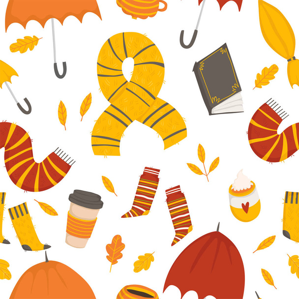 Autumn seamless pattern. Pattern with cute autumn cartoon element. Collection of scrapbook elements for party, fall festival or Thanksgiving day. Wrapping paper, fabric, wallpaper, background design - Vektör, Görsel