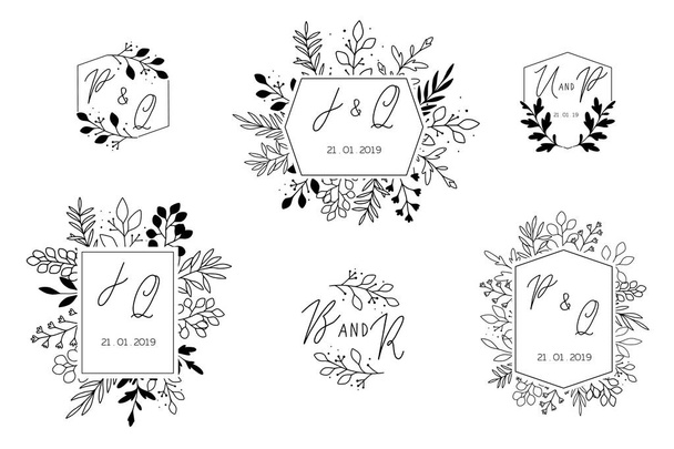 Wedding hand drawn elegant logo set, delicate monogram collection with branches, leaves. Line art. Romantic save the date icon concept. Clean isolated symbols on white background. Vector illustration  - Vector, afbeelding