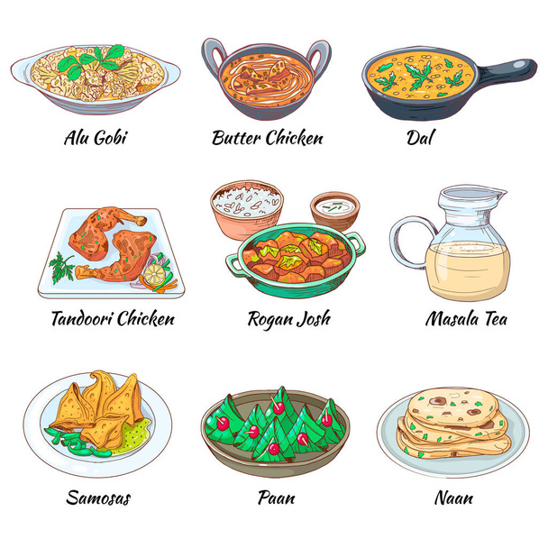 Indiai élelmiszer-készlet. Ázsiai hagyományos konyha gyűjtemény különböző ételek és italok. Masala tea és dal, vaj csirke és Alu Gobi, samosas és paan naan. Vektoros kézzel rajzolt - Vektor, kép