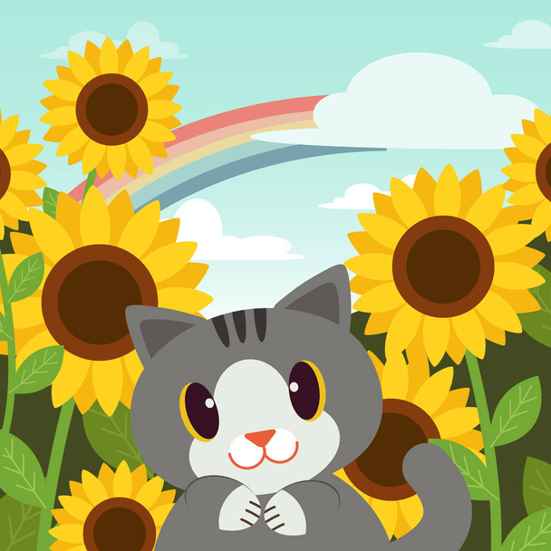 Cartel de gato en el jardín. Bonito gatito con flores amarillas en el fondo del jardín. gato smiling.rainbow en el gato sky.happy sonriendo delante de girasol garden.cute estilo vector plano
 - Vector, Imagen