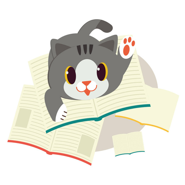Un gato con un libro. Un gato se ve feliz de apilar un libro. Un lindo personaje de gato con un book.element de libro. lindo estilo de diseño de vector plano. texto en paper.in el estilo de vector plano library.cute
 - Vector, imagen