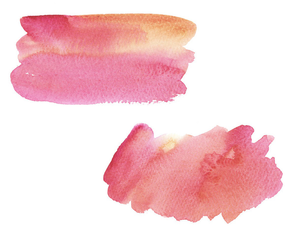  Υδατογραφούν υγρό ροζ, κοράλλια και πορτοκαλί σετ πινελιές απομονώνονται σε λευκό φόντο. - Φωτογραφία, εικόνα