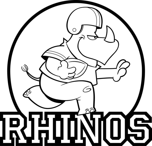 Black and white illustration of a rhino playing football inside a circle with Rhinos text. - Vector, Image