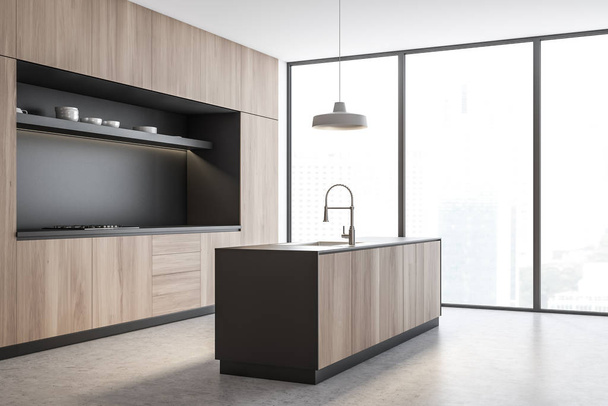 Grey and wood kitchen corner with island - Foto, afbeelding