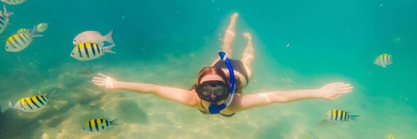 glückliche junge Frau schwimmt unter Wasser im tropischen Ozean Banner, Langformat - Foto, Bild