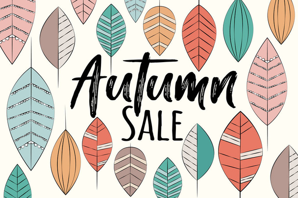 Autumn sale banner, with leaves background, hand drawn. Ready to use in social media, posters, banners, wallpapers, postcards and patterns. - ベクター画像