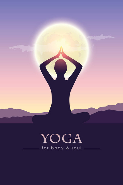 yoga for body and soul meditating person silhouette by full moon - Vector, Image