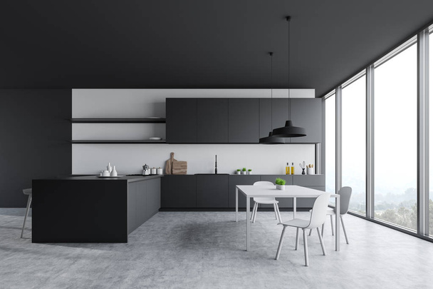 Panoramic gray and white kitchen interior - 写真・画像