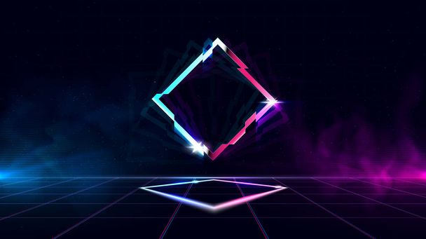 Retrowave background with sparkling glitched rhombus and blue and purple glows with smoke. - Vector, Image