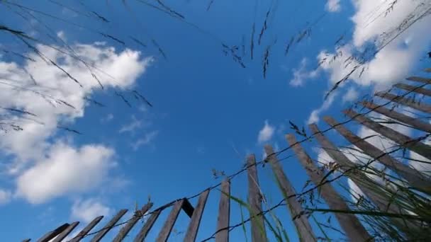 Farm ranch grass, broken fence made of old wood and wire. Green natural field village rustic mood in sun set and dusk at windy summer evening and blue cloudy sky. Slowly motorized dolly shot, 4K. - Záběry, video