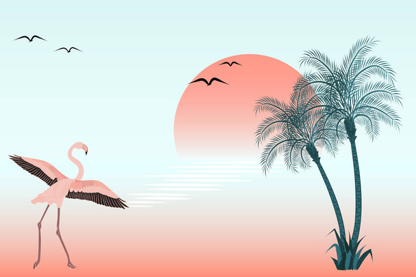 Ao pôr do sol flamingo na cena do lago
 - Vetor, Imagem