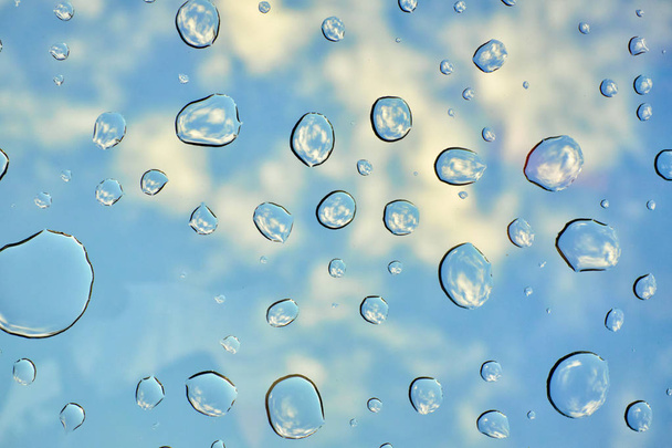 Water drops on glass window over blue sky. Water drops background. - 写真・画像
