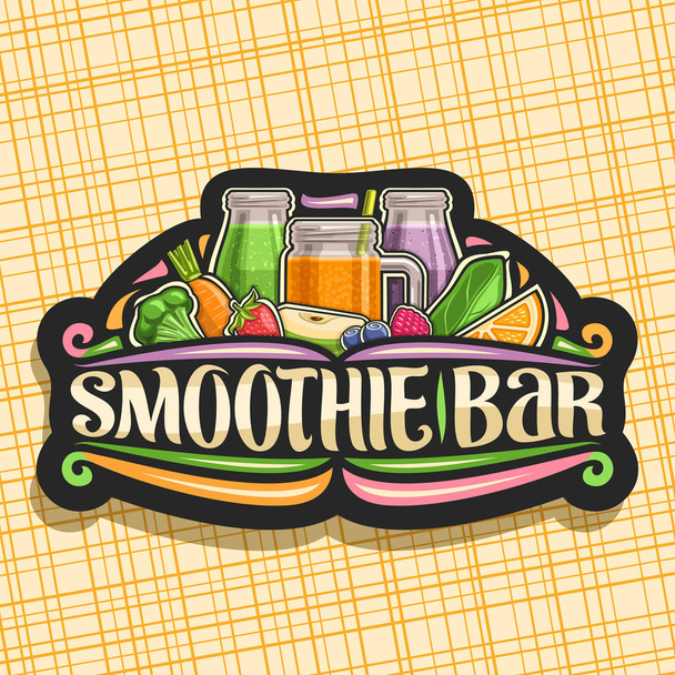 Logo vettoriale per Smoothie Bar, etichetta decorativa scura con illustrazione di succosi ingredienti di frutta, vaso in muratura con liquido miscelato dolce, cartello con scritte per parole smoothie bar e fiorisce
. - Vettoriali, immagini
