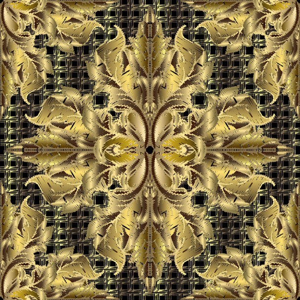 Embroidery gold 3d Baroque seamless pattern. Vector grid texture - Vektor, kép