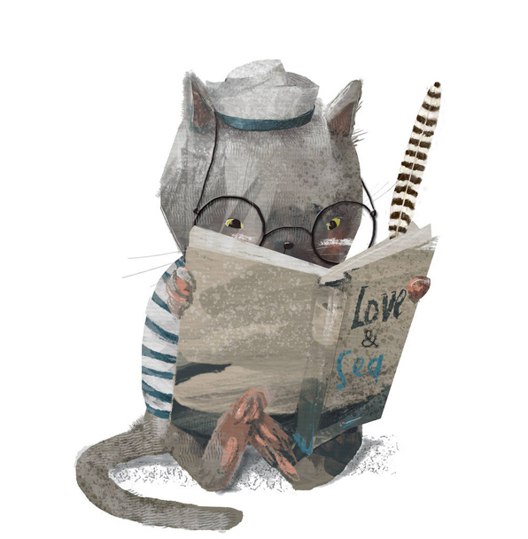 lindo gatito con gafas reding un libro
 - Foto, Imagen