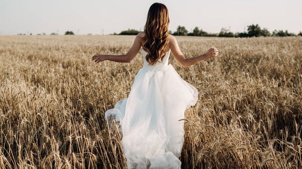 Beautiful bride in wheat field on sunset - Φωτογραφία, εικόνα