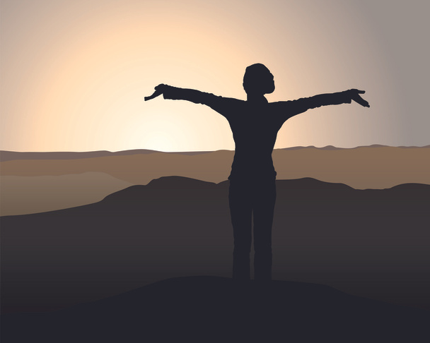 Silhouetted Girl on Mountain Top Sunset - Vector, Image