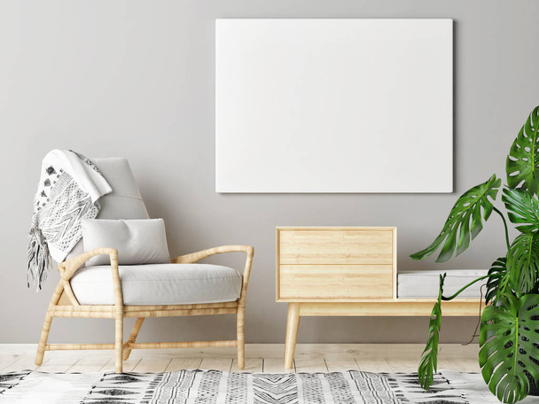 Mock up poster in Scandinavian Living Room with decoration, 3d render, 3d illustration - Фото, изображение
