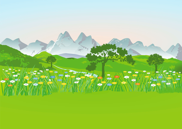 Mountain meadow with mountains - Vector, Image