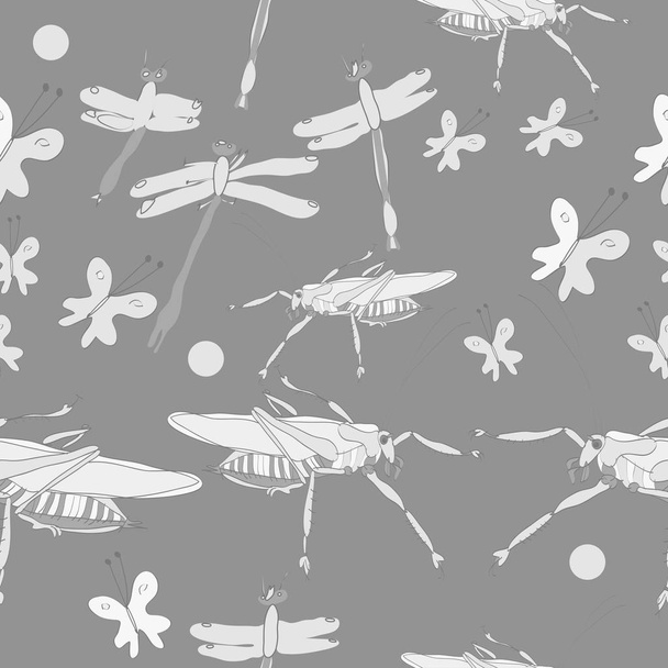 Seamless pattern of colored butterflies and grasshoppers with dragonflies  - Vector, Imagen
