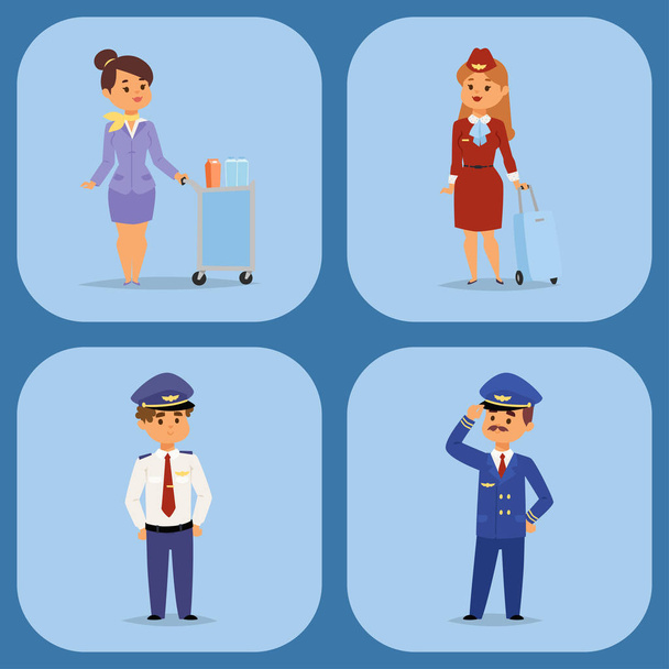 Piloten en stewardess vector illustratie luchtvaartmaatschappij karakter vliegtuig personeel personeel lucht gastvrouw stewardessen mensen opdracht. - Vector, afbeelding