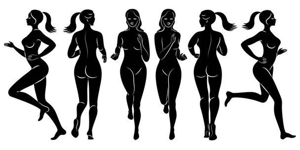 Collection. Silhouette of slender lady. The girl is running. The woman goes in for sports, strengthens health. Vector illustration set. - Vector, Image