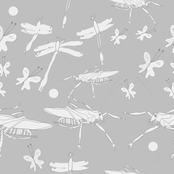 Seamless pattern of colored butterflies and grasshoppers with dragonflies  - Διάνυσμα, εικόνα