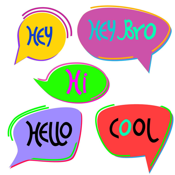 Conjunto de burbujas dibujadas a mano con palabras comúnmente utilizadas en el chat. Globos de conversación de colores brillantes. Aislado sobre blanco
 - Vector, Imagen