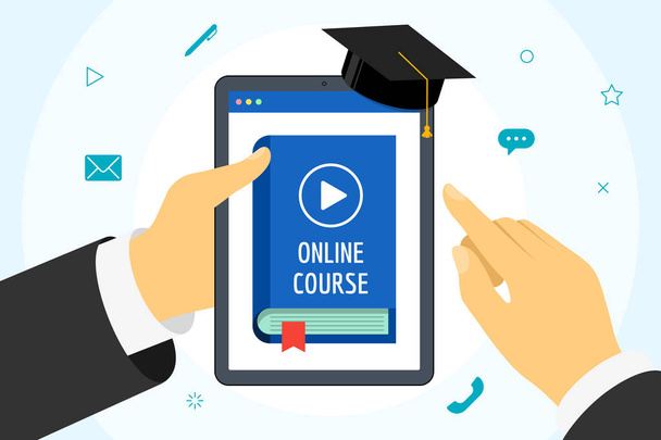 Hand holding tablet with online course blue cover book. Distance education concept with play video button and graduation cap. E-learning studying and internet teaching banner vector illustration - Vector, Image