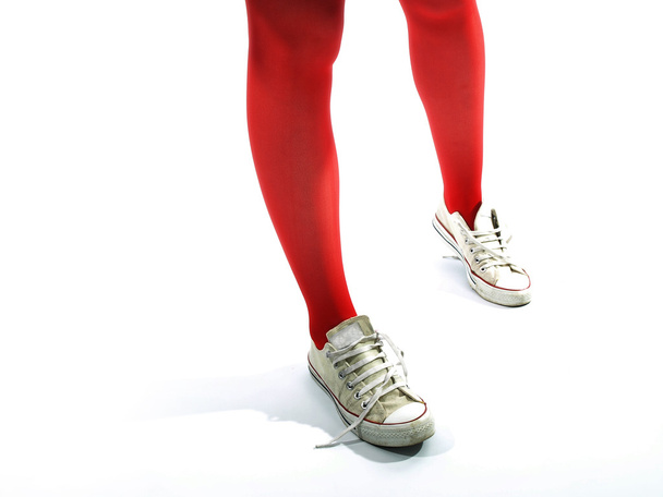 Young girls legs in red tights - Fotoğraf, Görsel