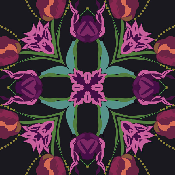 Circular seamless pattern of floral motif, flowers, leaves, branches. - Διάνυσμα, εικόνα