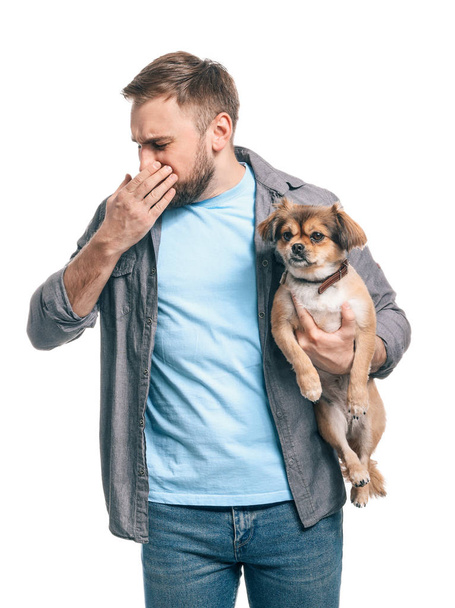 Człowiek z psem na białym tle. Koncepcja alergii na zwierzęta - Zdjęcie, obraz