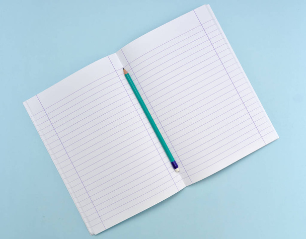 Cuaderno en blanco abierto aislado con papeles forrados y lápiz verde sobre fondo azul claro
. - Foto, imagen