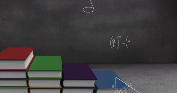 Digital animation of a pile of colorful books in a grey room while mathematical equations and figures move in the foreground 4k - Video, Çekim