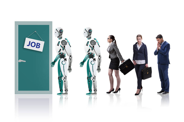 Femme homme et robot en compétition pour des emplois
 - Photo, image
