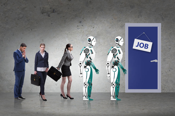 Mulher homem e robô competindo por empregos
 - Foto, Imagem