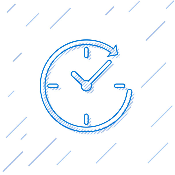 Modré hodiny s ikonou čáry šipky izolované na bílém pozadí. Symbol času. Otáčí se šipkou a časem ve směru hodinových ručiček. Vektorová ilustrace - Vektor, obrázek