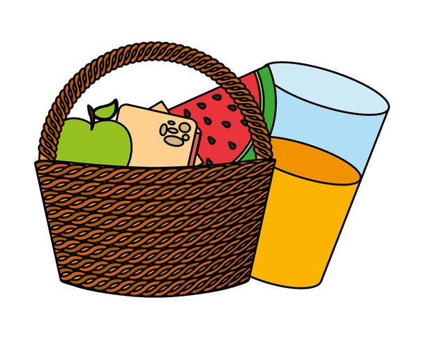 wicker basket fruits and juice food picnic - Vector, Image