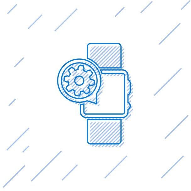 Blauwe SmartWatch en tandwiel lijn pictogram geïsoleerd op witte achtergrond. Aanpassen van de app, service concept, instelmogelijkheden, onderhoud, reparatie, vaststelling. Vector illustratie - Vector, afbeelding