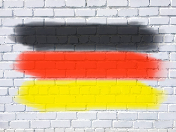 La bandiera nazionale della Germania è dipinta su un muro di mattoni bianchi. Interessante effetto acquerello. Può essere utilizzato come sfondo. Copia spazio
. - Foto, immagini