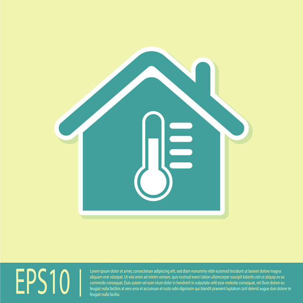 Zöld ház hőmérséklet ikon izolált sárga háttér. Hőmérő ikon. Vektoros illusztráció - Vektor, kép