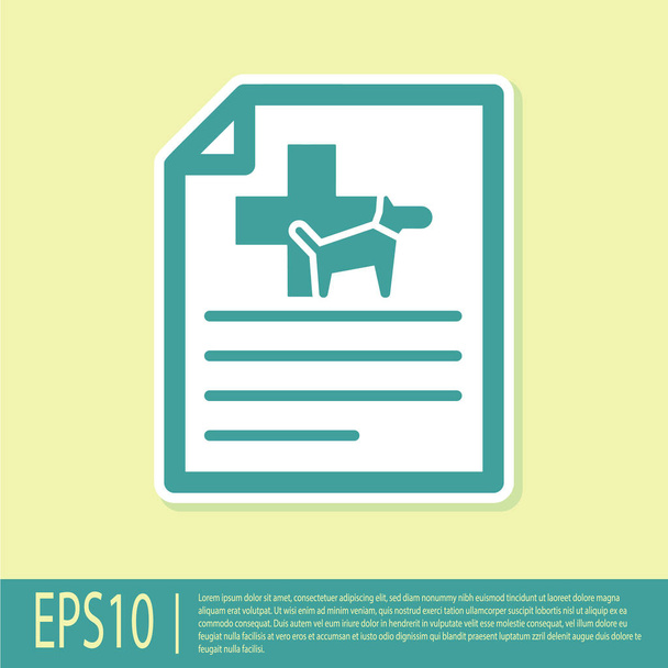 黄色の背景に隔離された犬や猫のアイコンを持つ旅行のための緑の医療証明書。ペットのための書類。ベクトルイラストレーション - ベクター画像