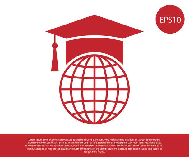 Red Graduation cap on globe icon isolated on white background. World education symbol. Online learning or e-learning concept. Vector Illustration - Vector, Image