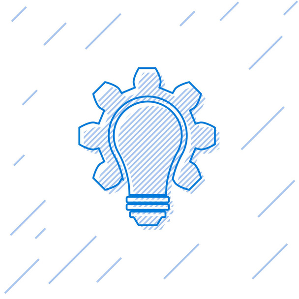 青い電球とギアラインアイコンは、白い背景に分離されています。イノベーションコンセプト。ビジネスのアイデア。ベクトルイラストレーション - ベクター画像