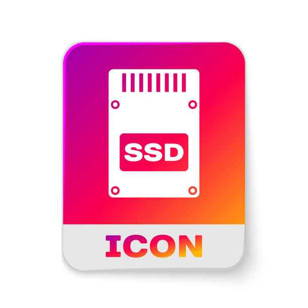 Icono blanco de la tarjeta SSD aislado sobre fondo blanco. Señal de estado sólido. Símbolo disco de almacenamiento. Botón de color rectángulo. Ilustración vectorial
 - Vector, imagen